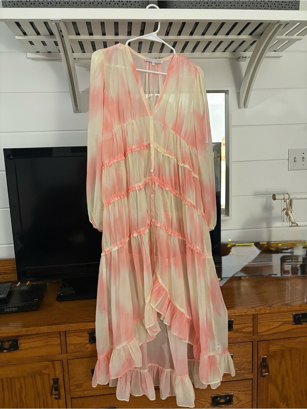 XS.English Factory Sheer Tiered Maxi Dress in Pink and Cream